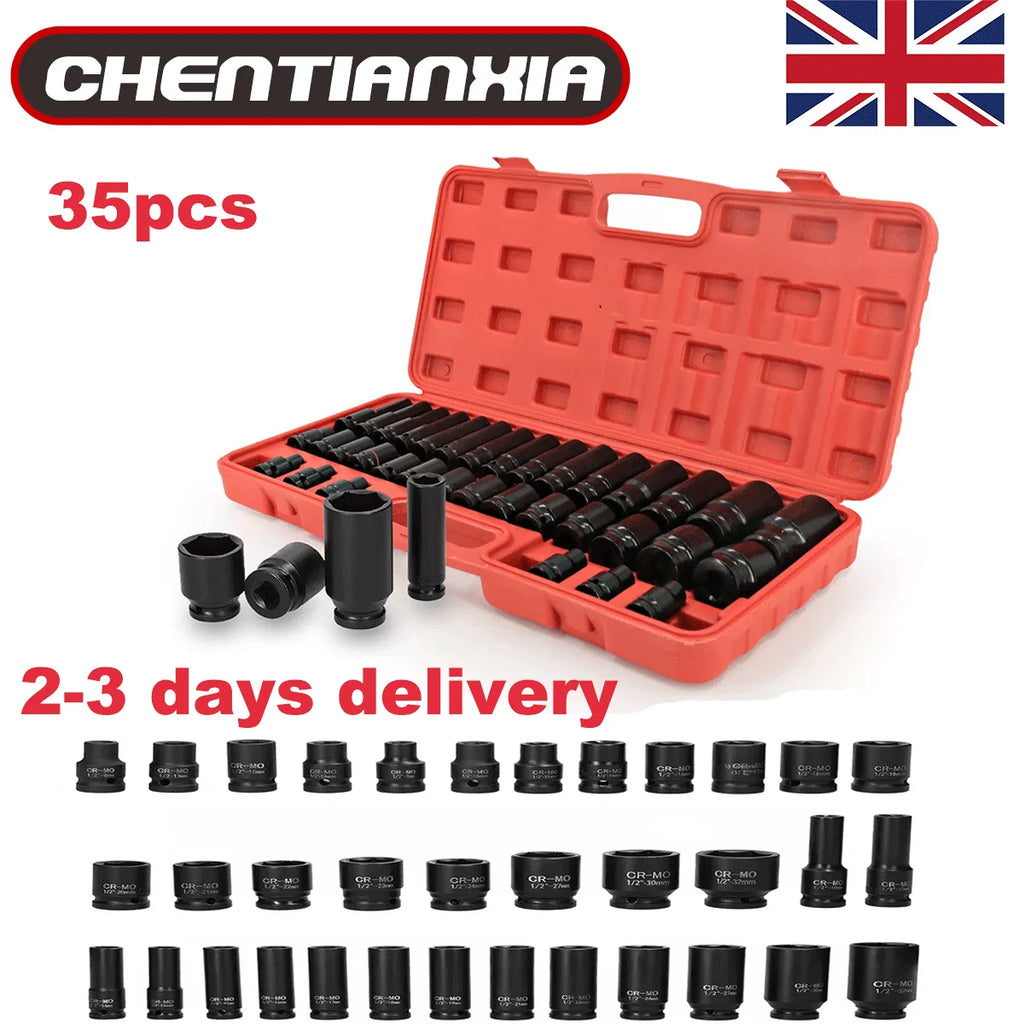 Heavy Duty 35‑Piece Car &amp; Truck Deep Impact Socket Set – 1/2" Drive, 8–32mm Metric