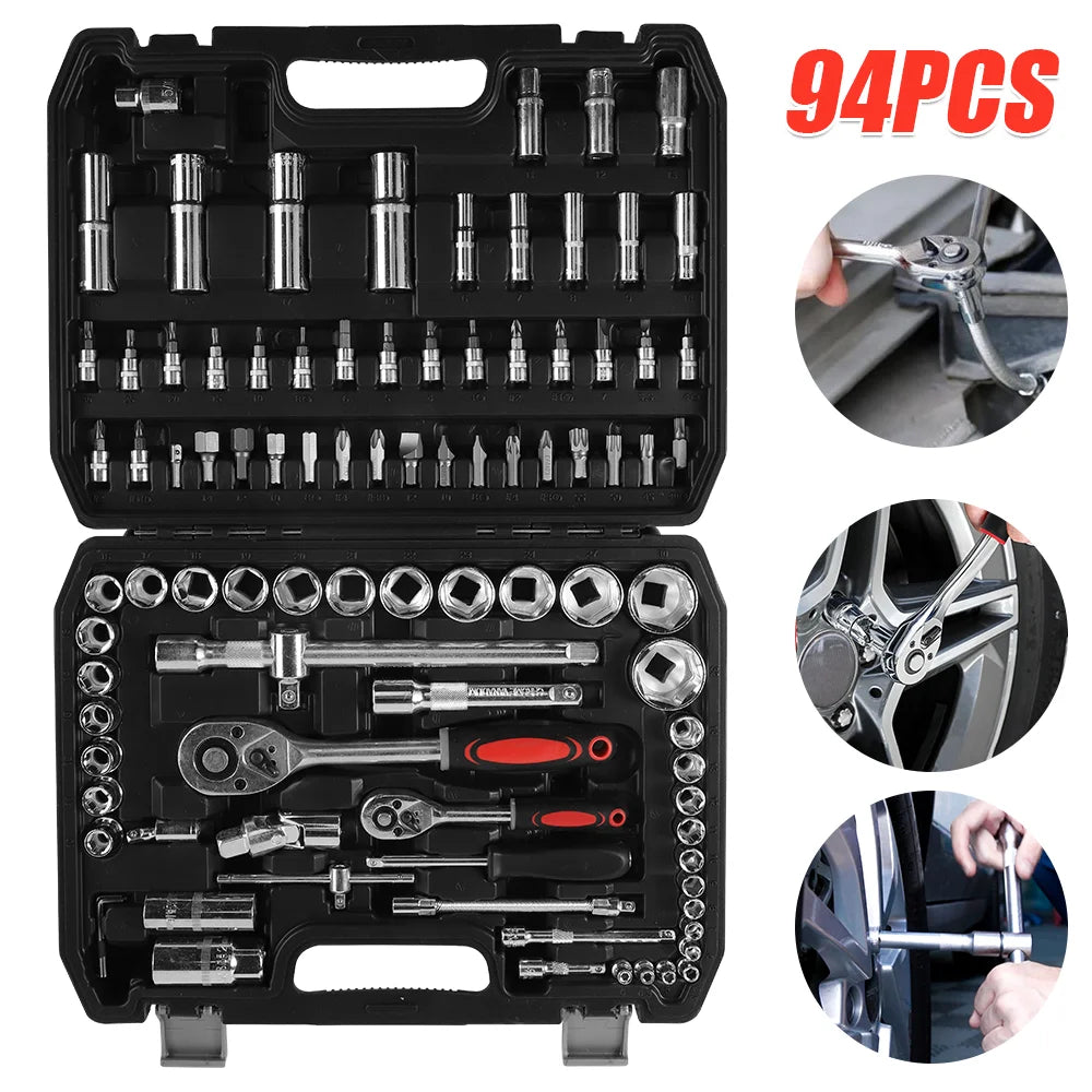 94pcs Ratchet Torque Wrench Combo 1/4 1/2 Ratchet Wrench Set Car Repair Tool Ratchet Spanner Screwdriver Bits Hand Tool