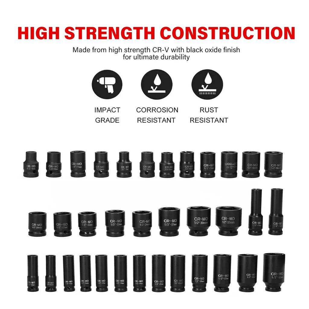 Heavy Duty 35‑Piece Car &amp; Truck Deep Impact Socket Set – 1/2" Drive, 8–32mm Metric