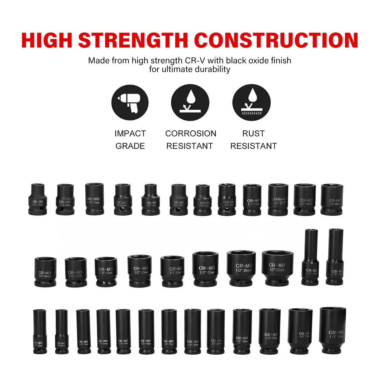 Heavy Duty 35‑Piece Car &amp; Truck Deep Impact Socket Set – 1/2" Drive, 8–32mm Metric